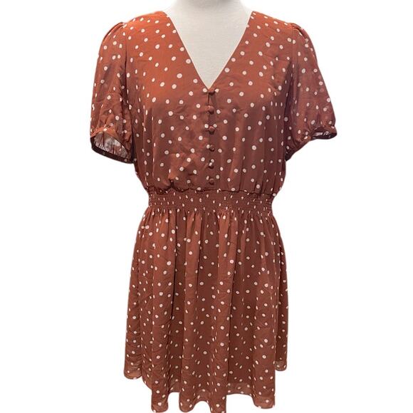 Madewell Smocked-Waist Mini Dress in Inkspot Dots Burnt Clay color Size XL - Picture 3 of 10